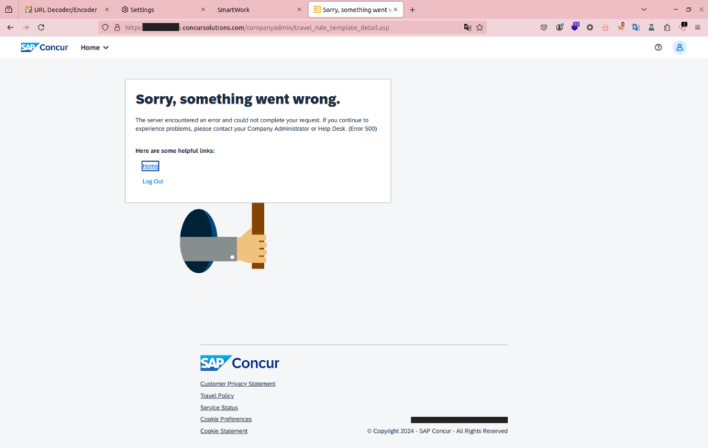 A screenshot from SAP Concur depicting an error message that reads "Sorry, something went wrong."
