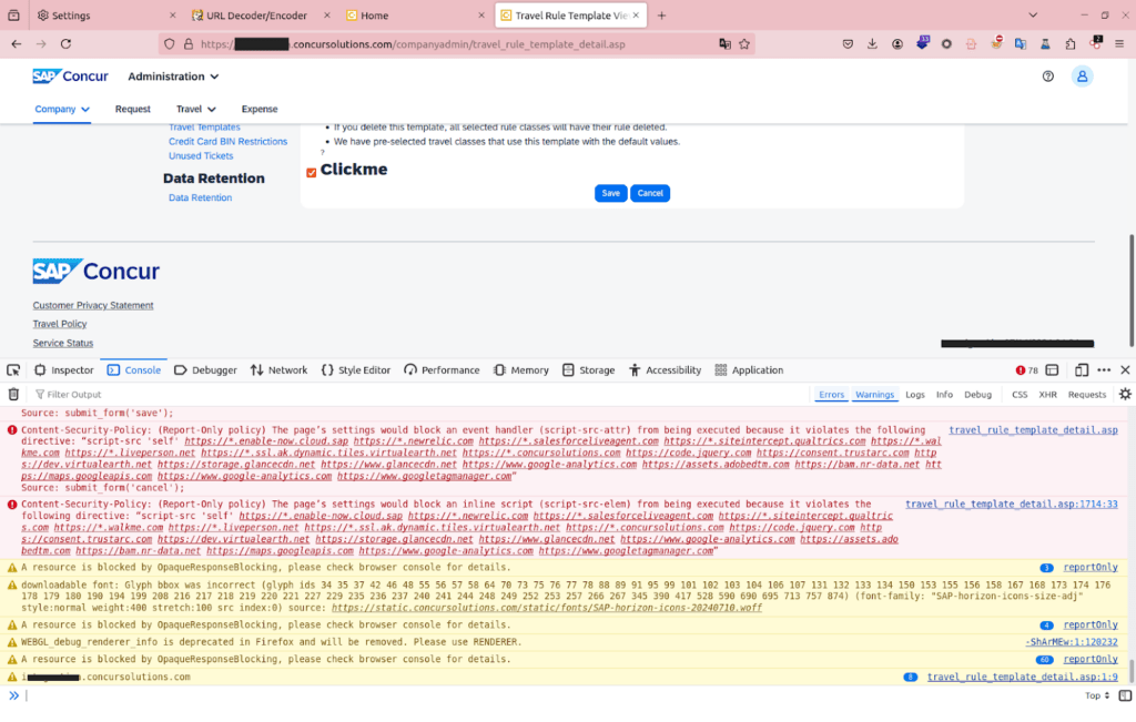 A screenshot depicting a proof-of-concept exploit in SAP Concur