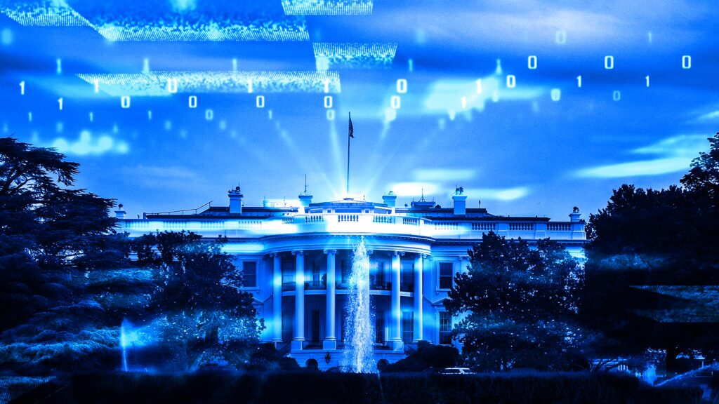 An image of the White House with an overlay of numbers and technology icons in blue. The image is to convey the recent AI executive order released by President Biden.
