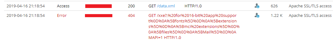 Screenshot of the attacker’s web server log showing the exfiltrated contents of the local c:\\windows\\win.ini file obtained through the XXE attack.