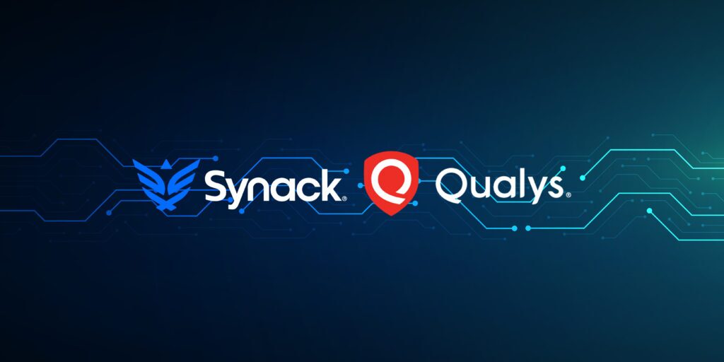 A blue on navy sign showcasing the Synack logo and the Qualys logo