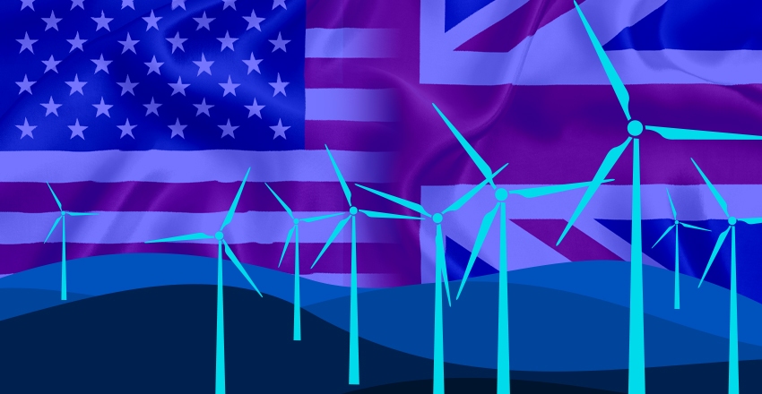 Windmills on a hill with the US and UK flags in the background.