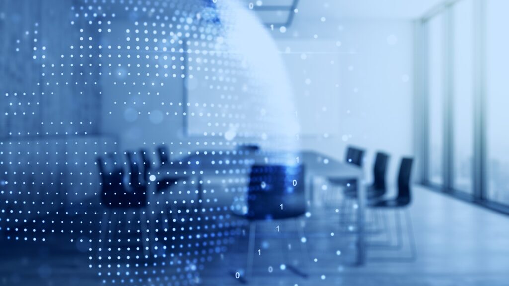 Image of an empty conference room for the board of directors with an overlay of a cybersecurity motif
