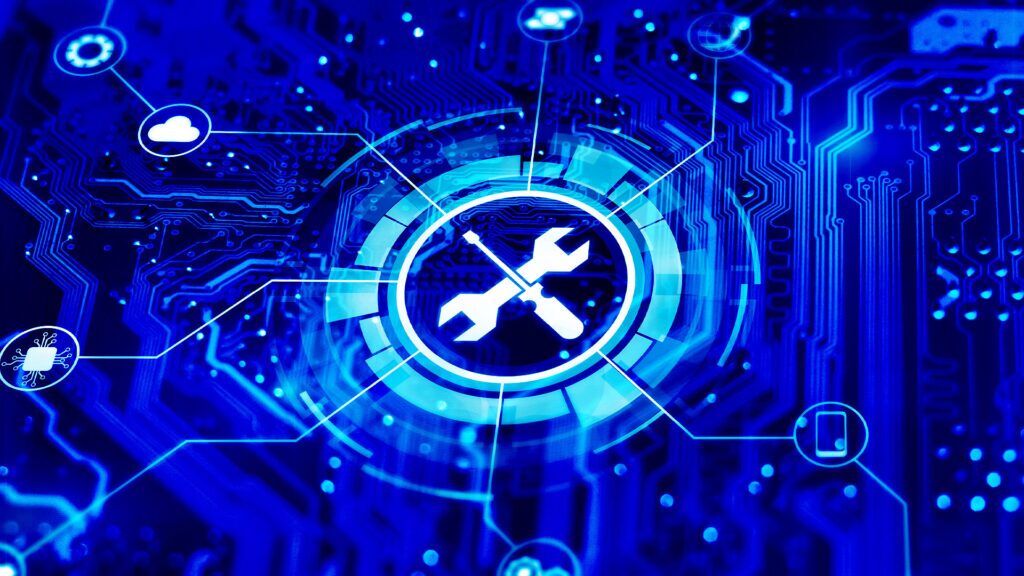 An image of a information technology motif with a wrench and screwdriver in the middle to illustrate the myriad of security tools available including DAST and SAST.