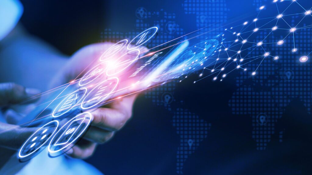 A person holding a mobile phone with an overlay of apps and bits of data coming from the phone, to indicate how information is stored and transferred from mobile apps via APIs which require API security and mobile app pentesting.