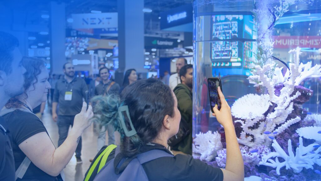 Attendees at the Black Hat 2023 cybersecurity conference browse the show floor, stopping to take photos of the two baby smooth-hound sharks in an aquarium at the Synack booth.