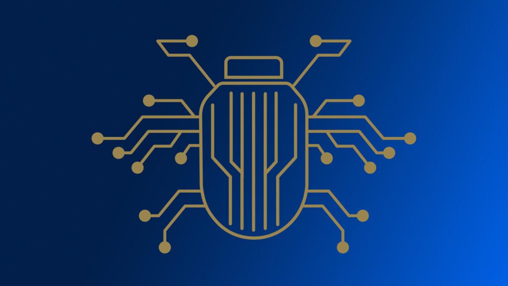 A line illustration of a yellow-on-blue bug with nodes reminiscent of a motherboard spreading out from it like legs