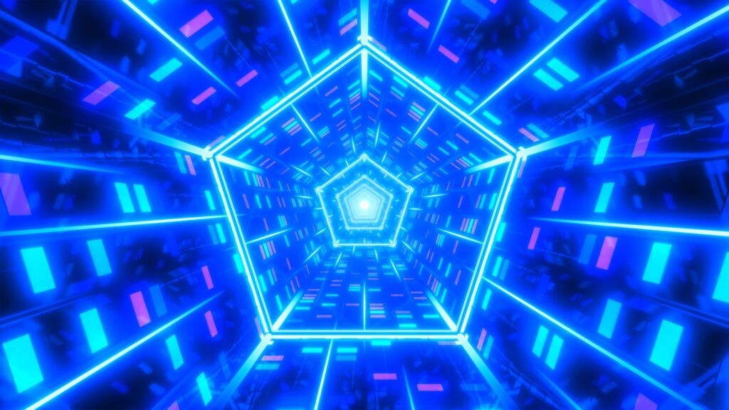 Image of pentagon shape with cyber motif overlay.