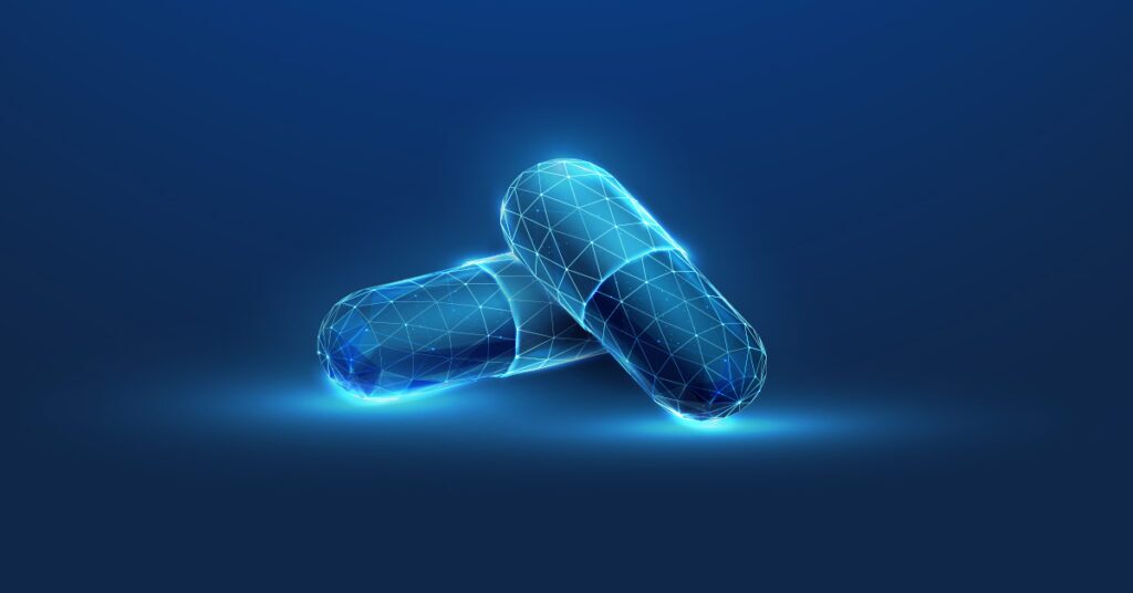 two pills that appear to be computer generated to indicate the need to protect healthcare company data from cyber threats
