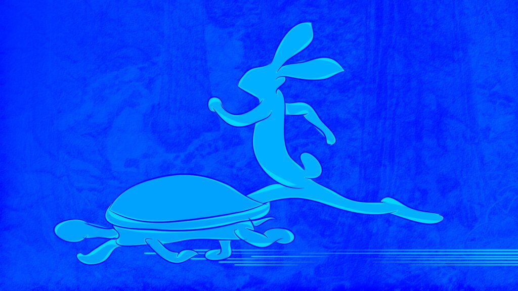A blue tortoise races against a blue hare against a deeper blue background.