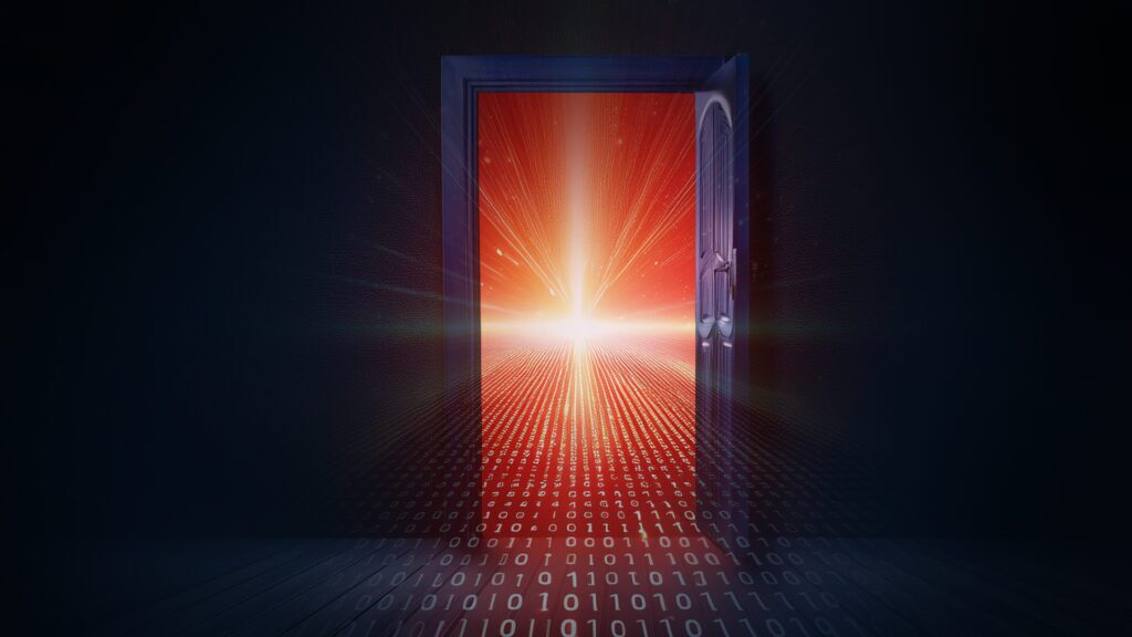 Door opening to a red horizon with zeroes and ones lining the path to the horizon.