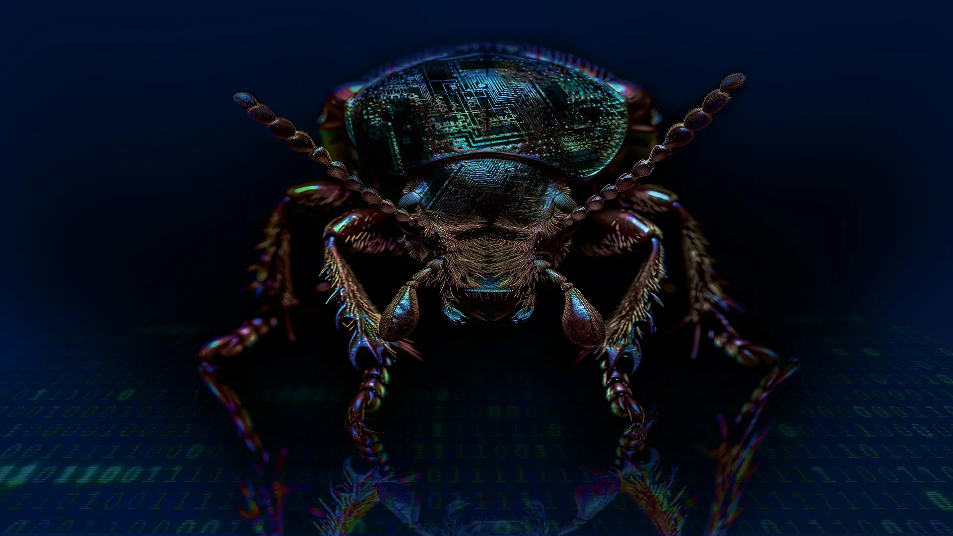 Macro image of a beetle with circuit board shell patterns on a dark blue background with binary code, representing cybersecurity exploits and vulnerabilities for Synack's Exploits Explained series.