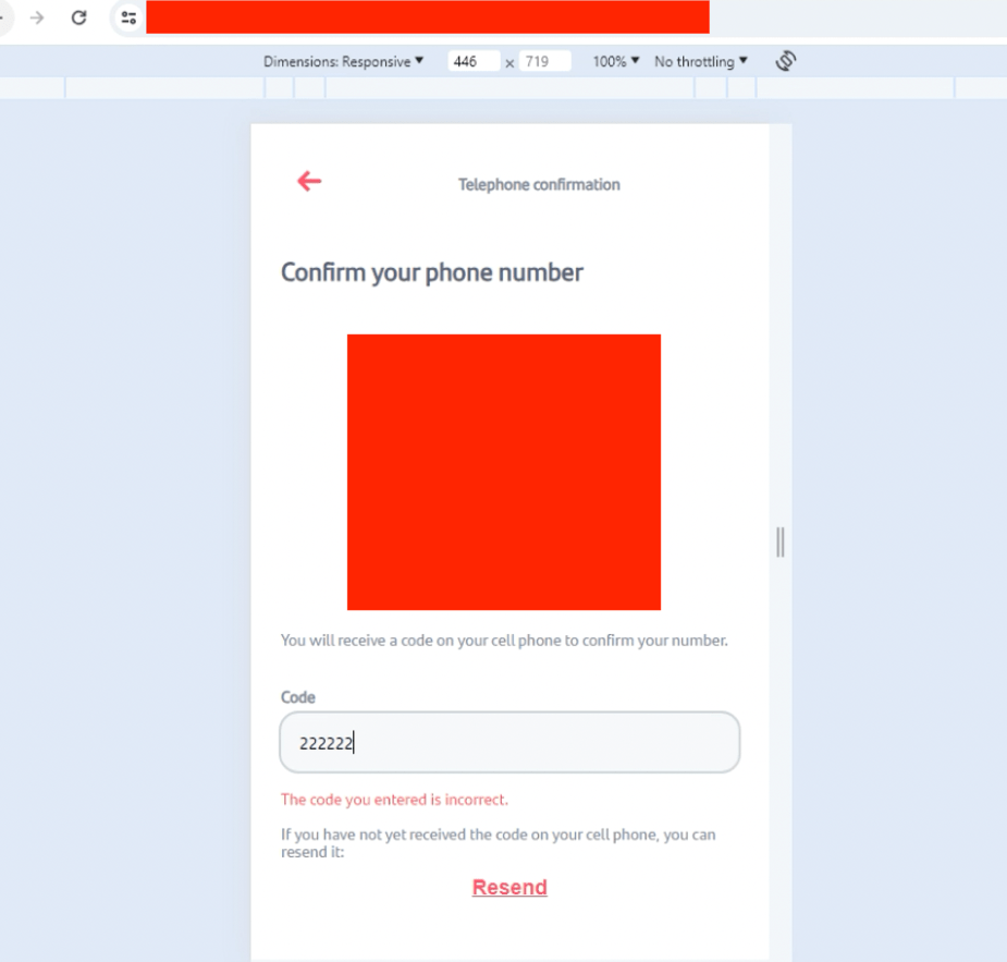 Phone number confirmation screen showing a code input field with an incorrect code error message and a Resend option.