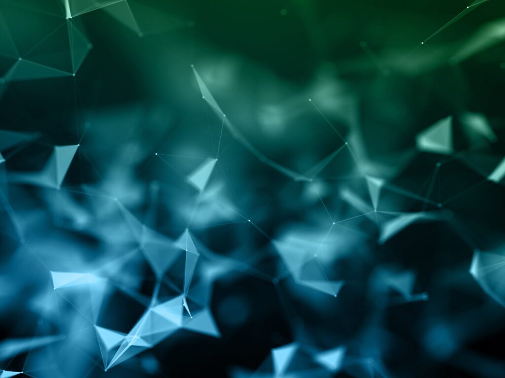 Stylized network graph with glowing nodes and connecting lines in blue and green tones.