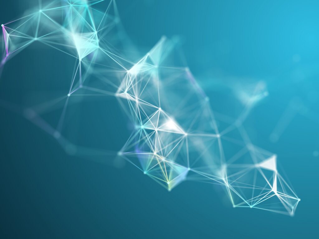 Abstract 3D network of interconnected nodes and geometric lines on a teal background, representing digital connectivity and cybersecurity network mapping.