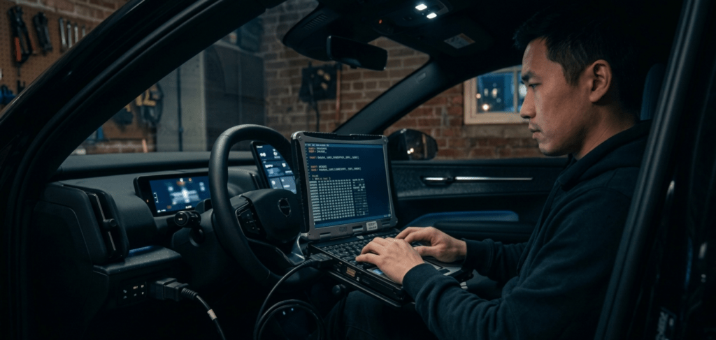 A researcher sits in a vehicle's driver seat, connecting a laptop to the car's diagnostic port to test for automotive cybersecurity vulnerabilities, with code visible on the laptop screen.