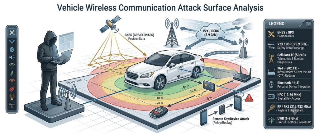 Diagram of a vehicle's wireless attack surface, showing GNSS, V2X, cellular, Wi-Fi, Bluetooth, and RF signal ranges with an attacker performing a key fob relay attack.