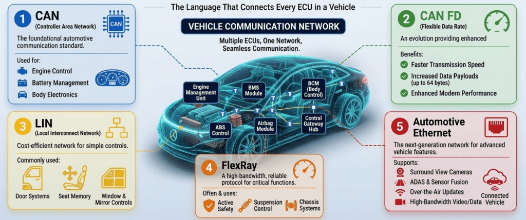 Infographic comparing five vehicle network protocols — CAN, CAN FD, LIN, FlexRay, and Automotive Ethernet — and the ECU functions each supports.