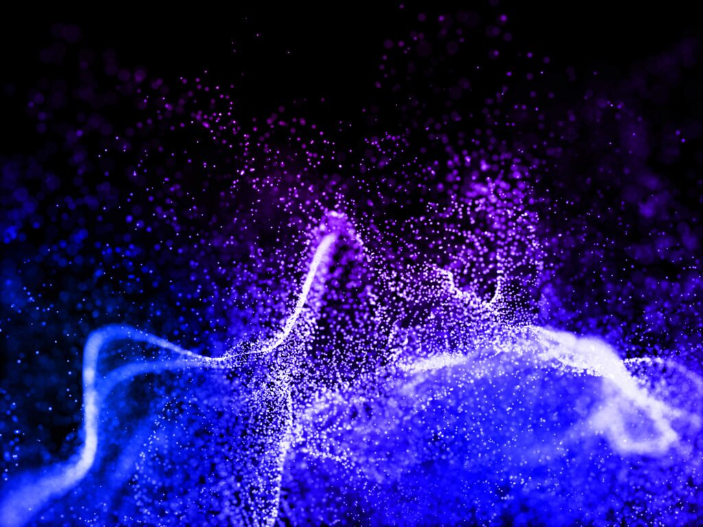 Abstract 3D digital particle wave in blue and purple tones, representing data flow and cybersecurity technology.