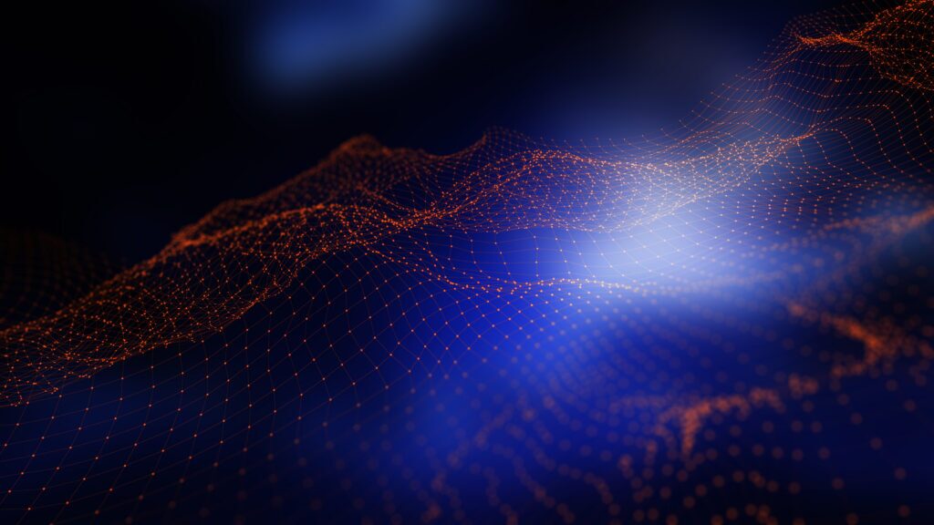 Abstract 3D network mesh visualization representing digital connectivity and cybersecurity infrastructure