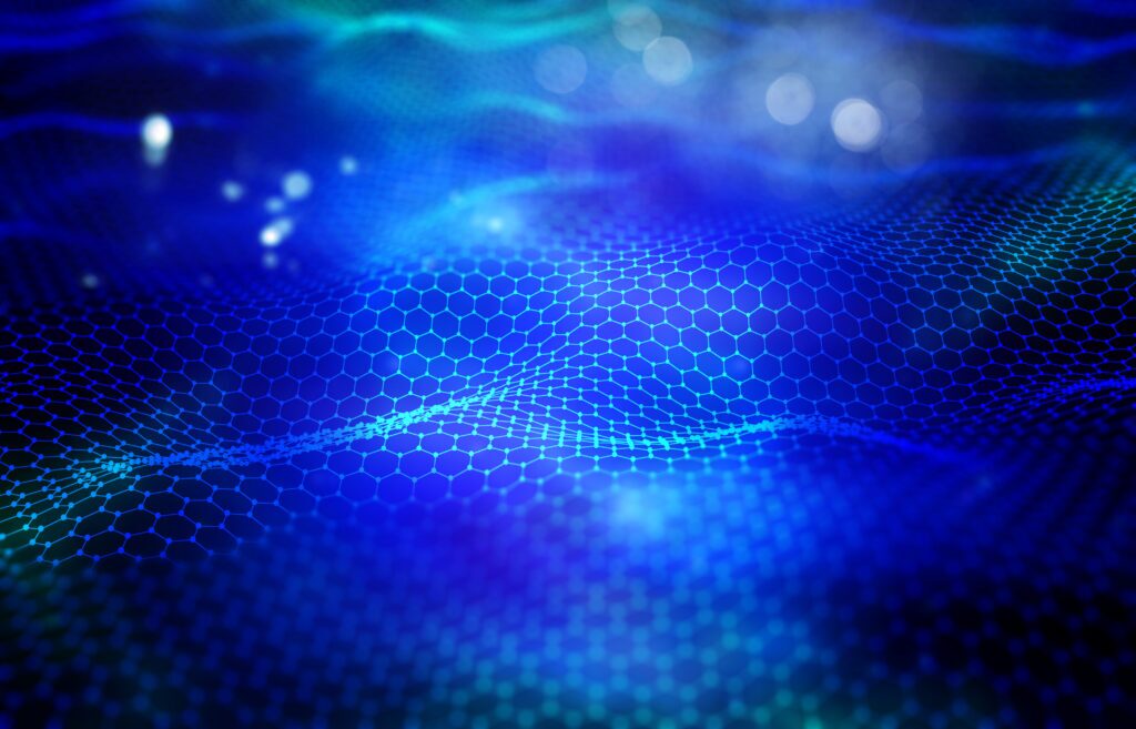 Abstract 3D digital network mesh with glowing blue hexagonal nodes representing cybersecurity connectivity