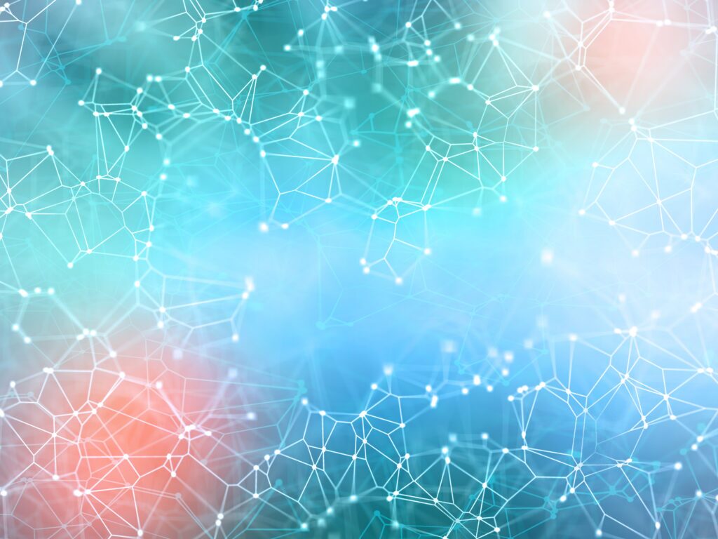 Abstract network of connected white nodes and lines over a teal, coral, and blue gradient background