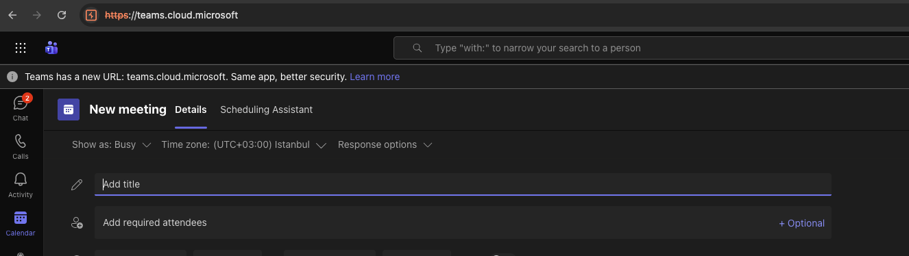 Microsoft Teams new meeting scheduling screen showing the Details tab with fields for meeting title, required attendees, time zone, and response options.