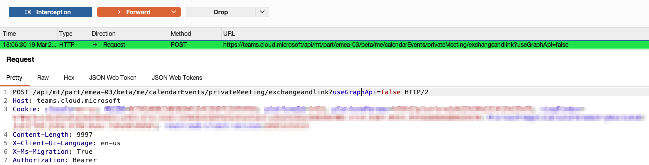 Burp Suite proxy showing an intercepted POST request to the Microsoft Teams calendarEvents API endpoint, with request headers including cookie, content-length, and authorization fields.
