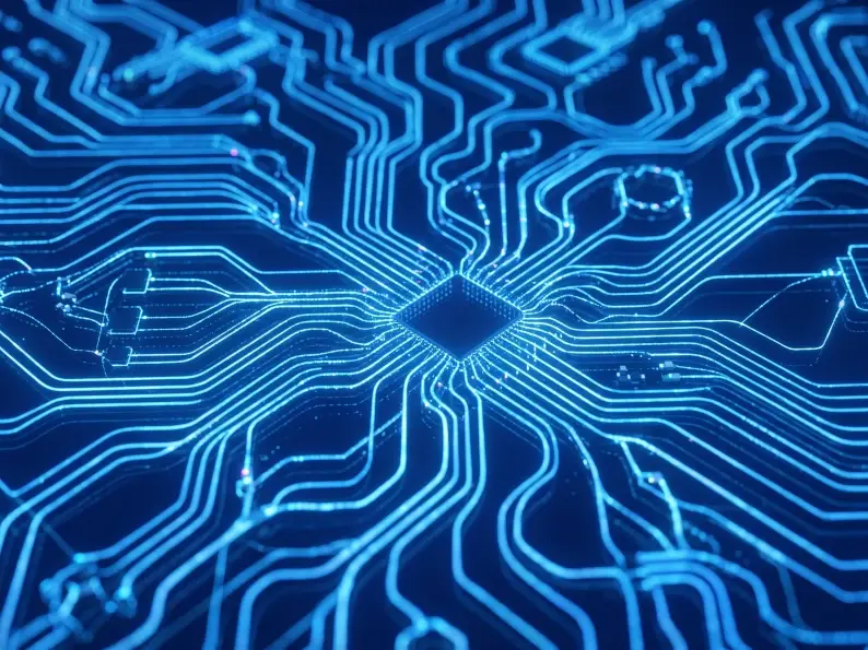 Abstract glowing blue circuit board with pathways radiating from a central microchip.