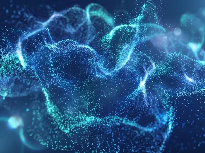 Abstract blue and teal digital particle waves flowing across a dark background.
