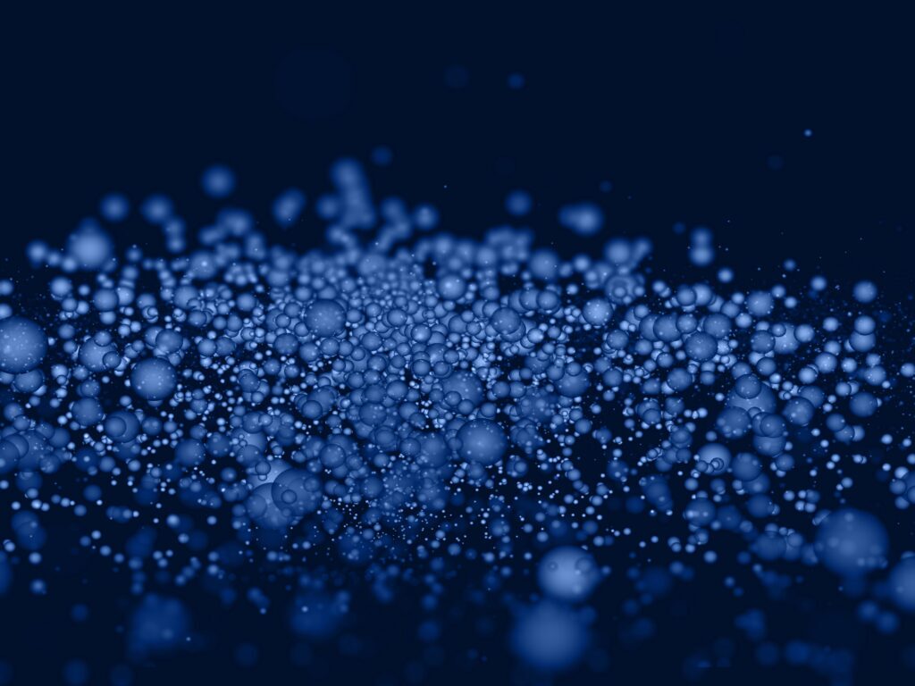 Abstract 3D visualization of blue particle clusters representing network data.
