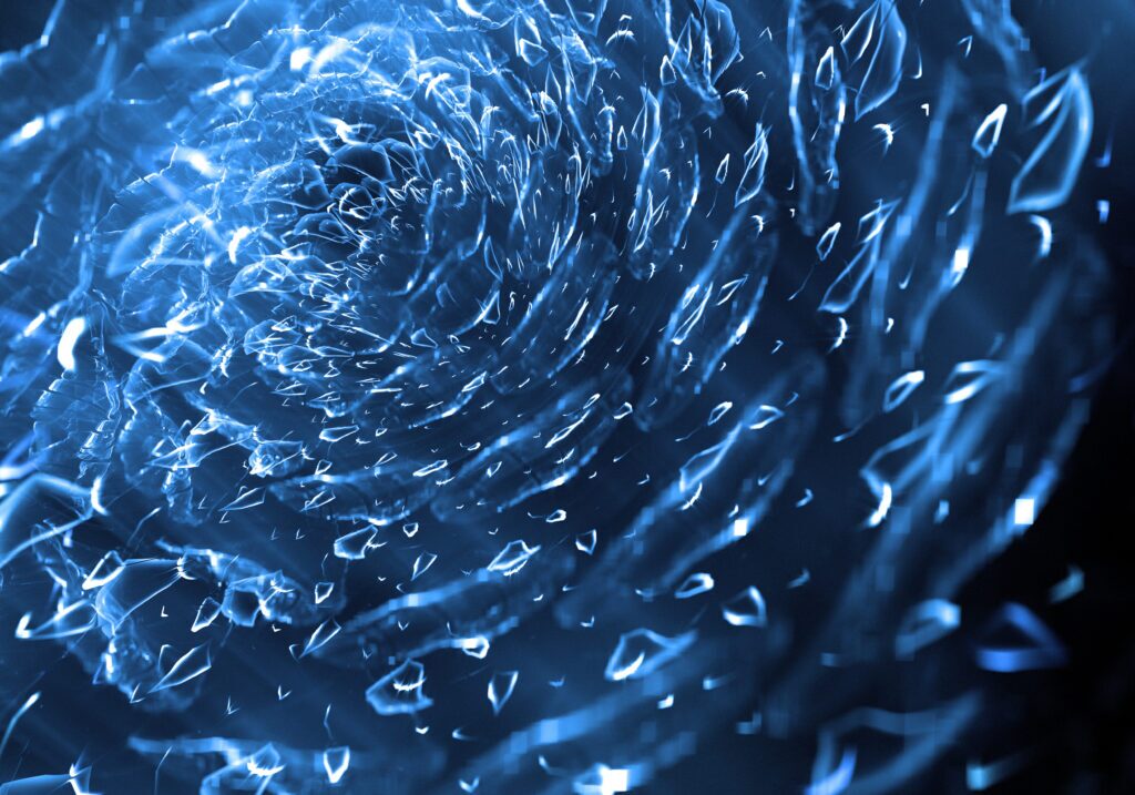 Abstract blue digital energy swirl representing cybersecurity data flow.