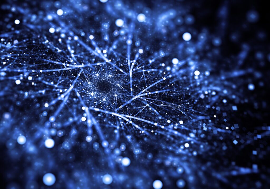 Abstract blue digital network of interconnected lines, particles, and glowing nodes, representing AI-powered penetration testing and the complexity of building an effective automated cybersecurity testing system.