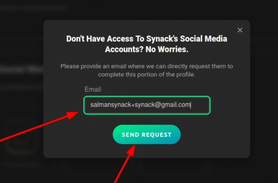 Invitation modal asking for a victim's email address to send the connect request