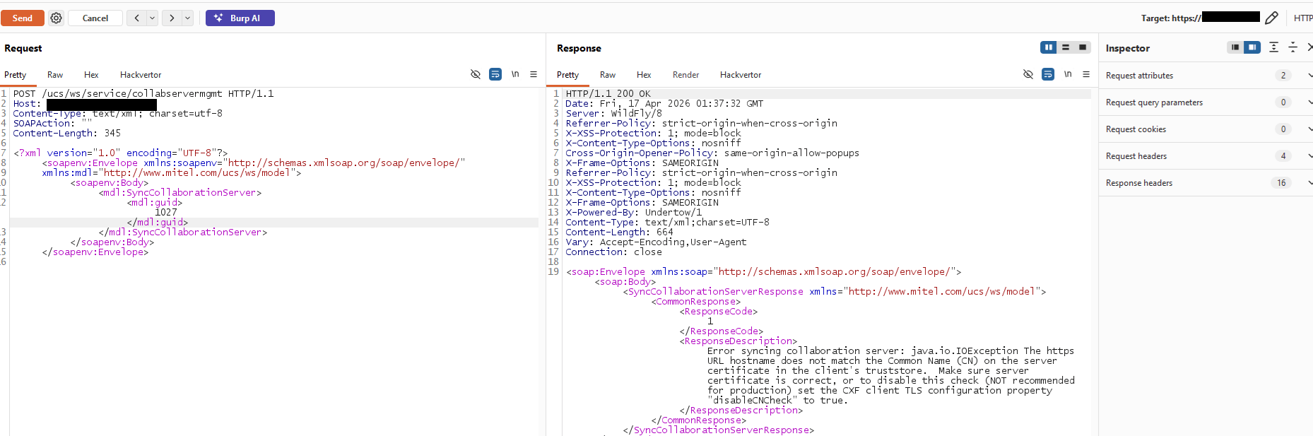 Burp Repeater showing SyncCollaborationServer for guid 1027 returning ResponseCode 1 and the Common Name mismatch error.
