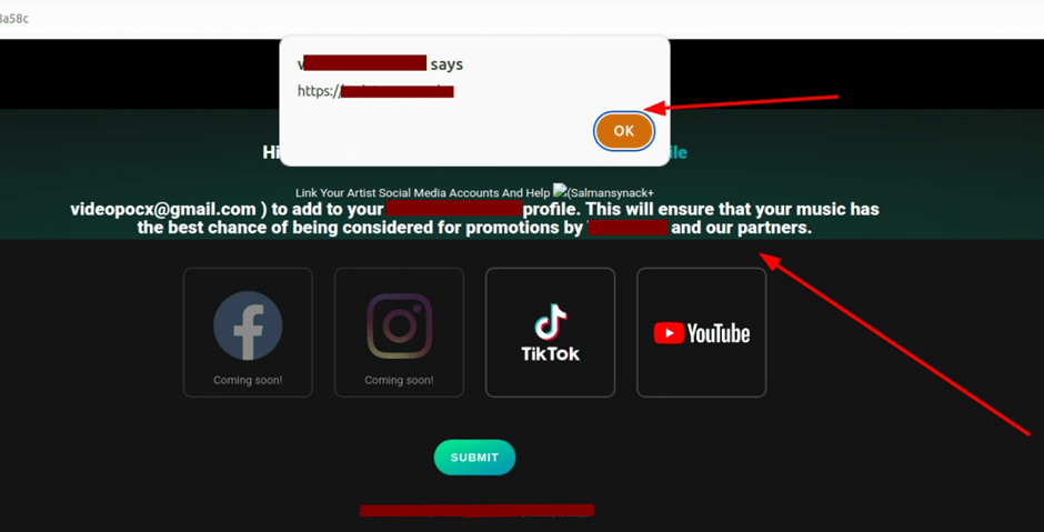 Alert dialog firing on mouseover, confirming the stored XSS payload executed on the invitation page