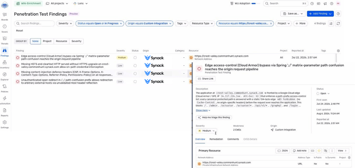 Screenshot of Wiz's Penetration Test Findings view showing a Synack-sourced finding with severity, status, and remediation details alongside other exposure data.