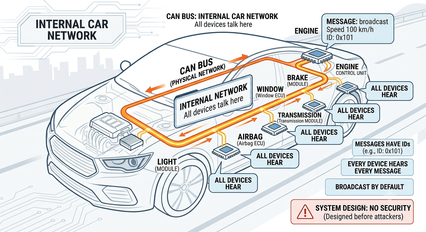 Diagram of a car's internal CAN bus network showing every ECU broadcasting on one shared wire