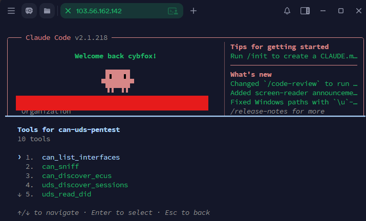 Claude Code launched showing the ten available CAN/UDS pentesting tools