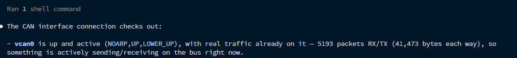 Claude Code output confirming the vcan0 CAN interface is up and active with live traffic