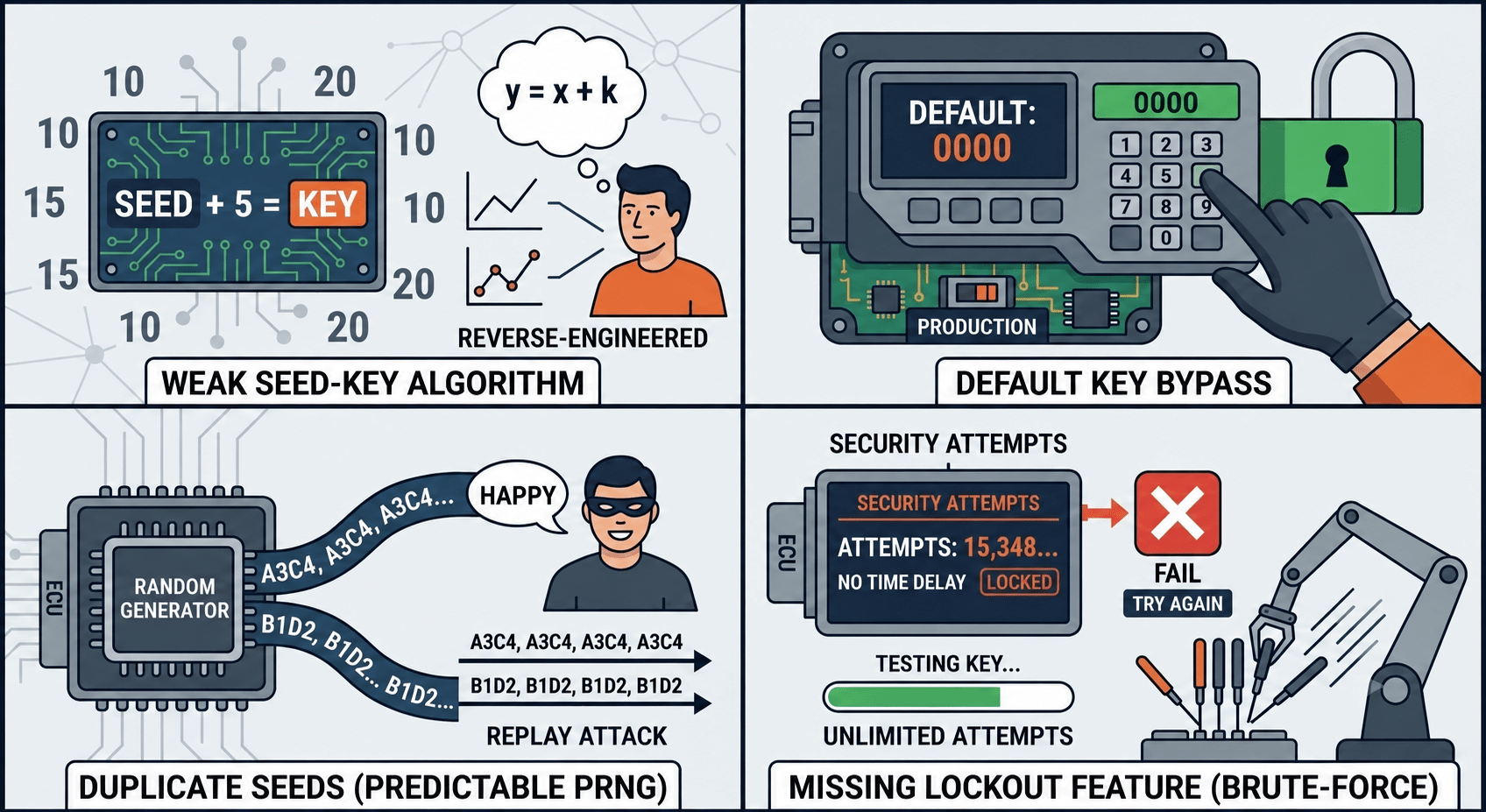Four-panel diagram of weak seed-key algorithms, default key bypass, duplicate seeds, and missing lockout features
