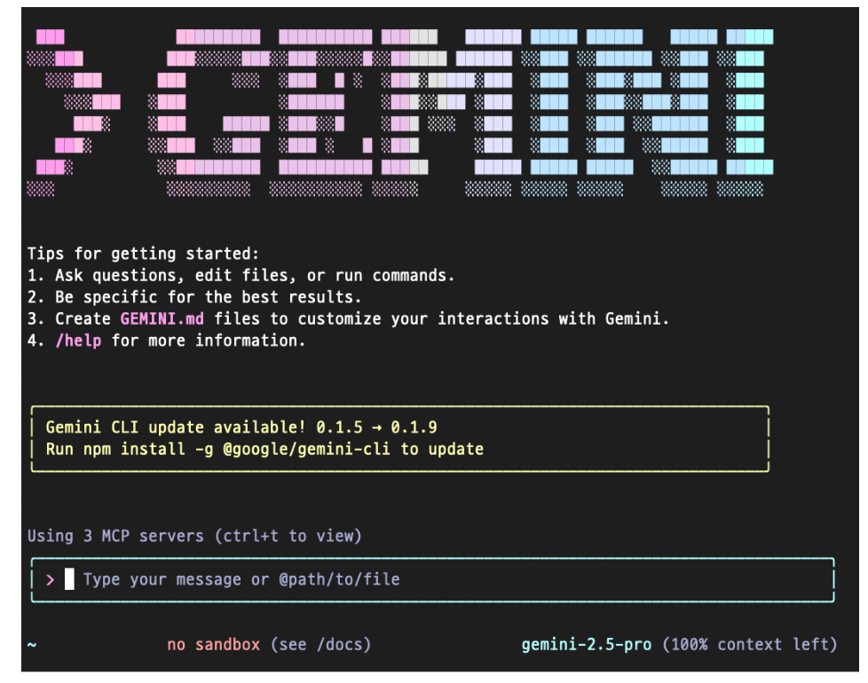 Gemini CLI terminal splash screen and startup tips
